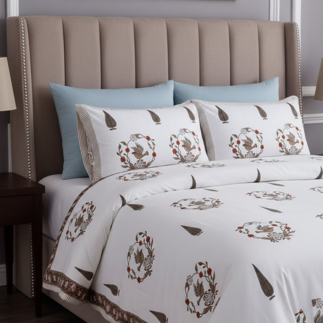Pleasing nest brown fine cotton hand block king size bedsheet set